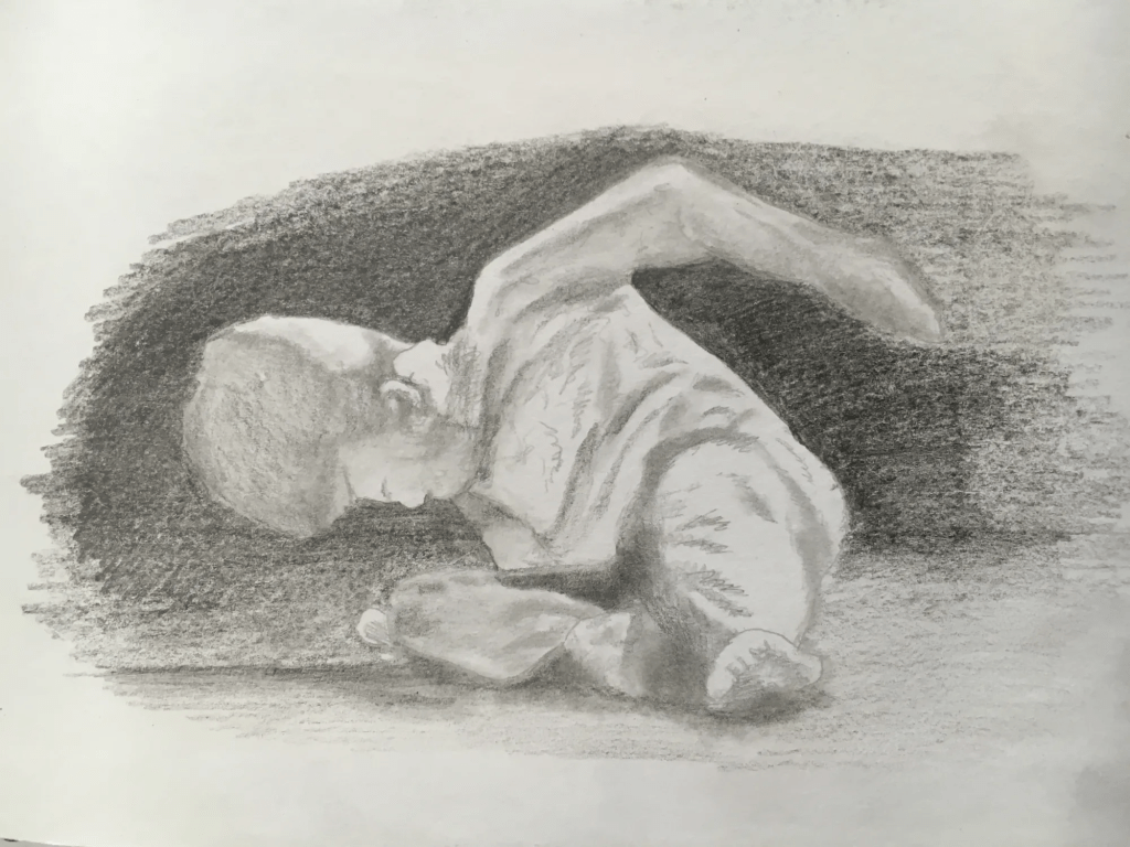 Dessin d'un danseur recroquevillé au sol dans une posture de danse.