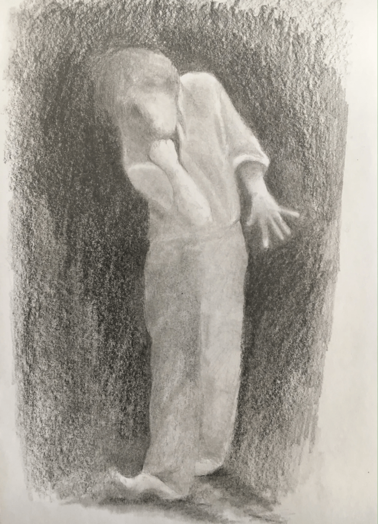 Dessin d'un danseur penché en avant dans une posture expressive, une main tendue.