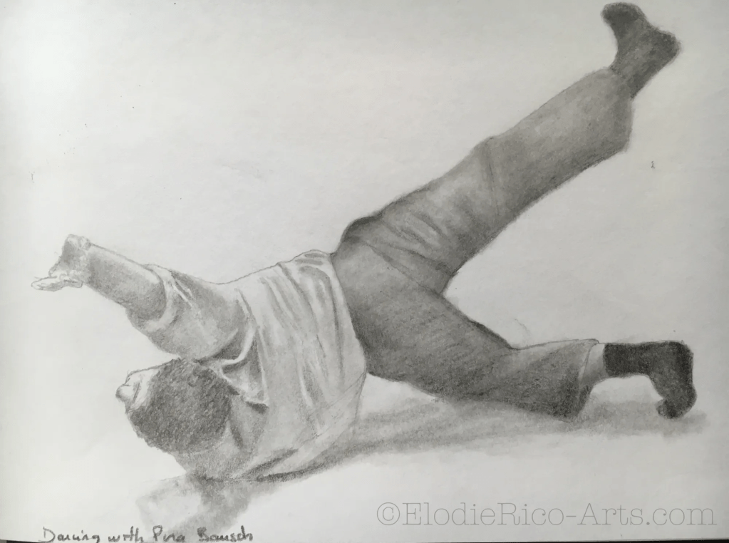 Dessin d'un danseur au sol dans un mouvement dynamique, une jambe levée.