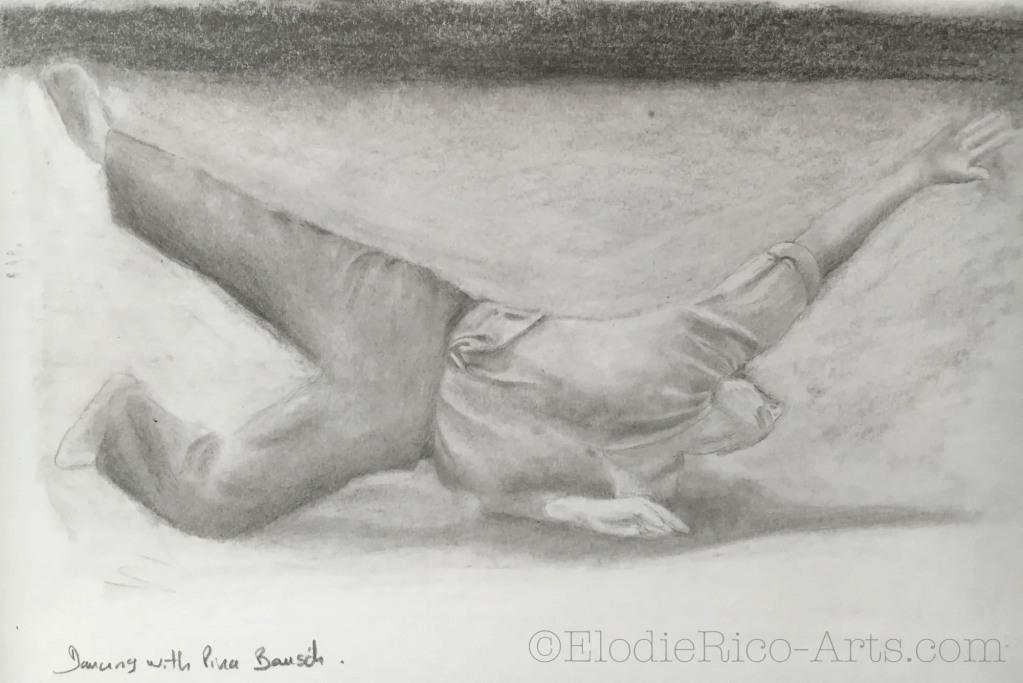 Dessin d'un danseur allongé au sol, le visage tourné vers le sol.