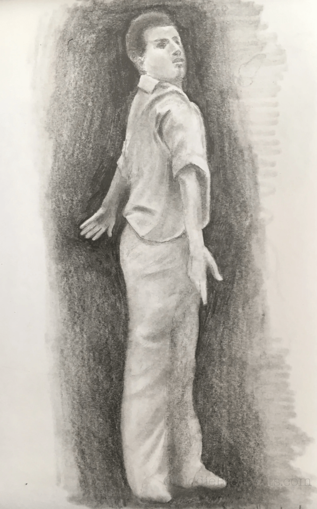 Dessin d'un danseur debout de profil, le corps légèrement tourné et les bras en arrière.
