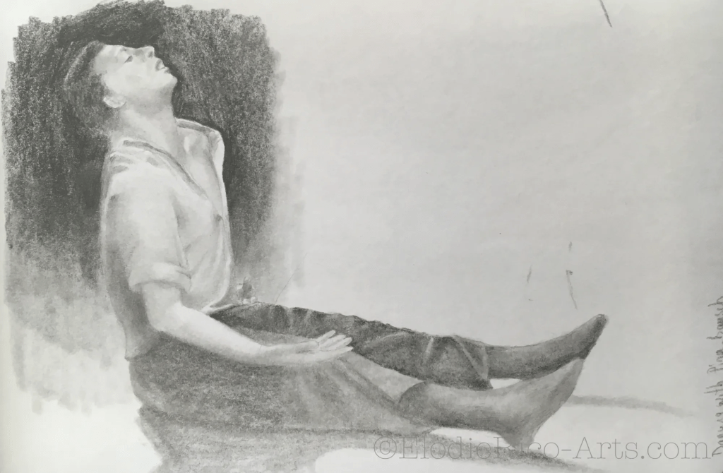 Dessin d'un danseur allongé au sol, bras tendu au premier plan.
