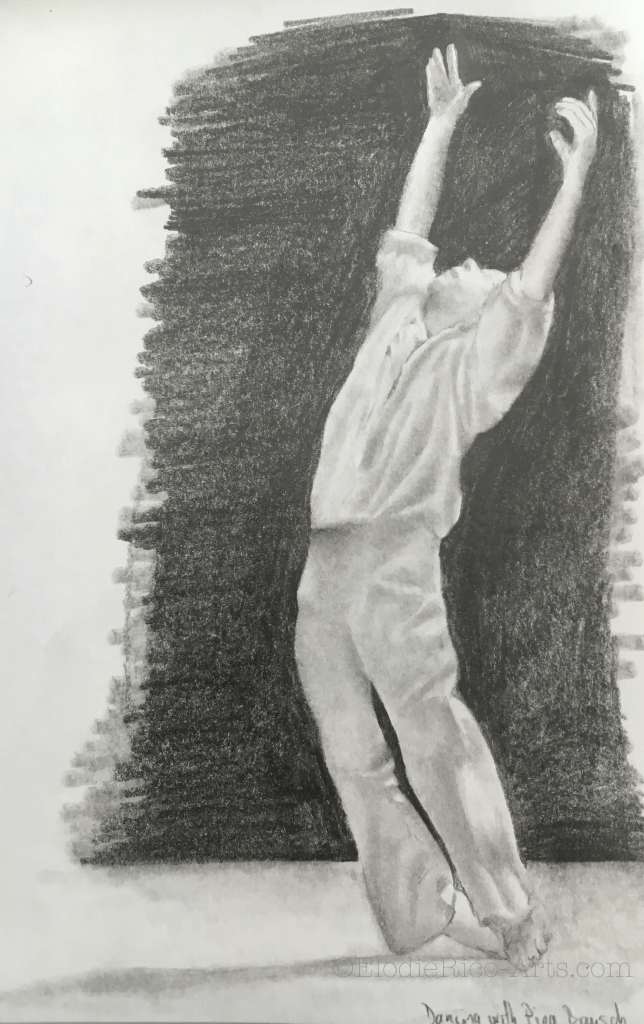 Dessin d'un danseur debout s’étirant vers le haut, les deux bras levés.
