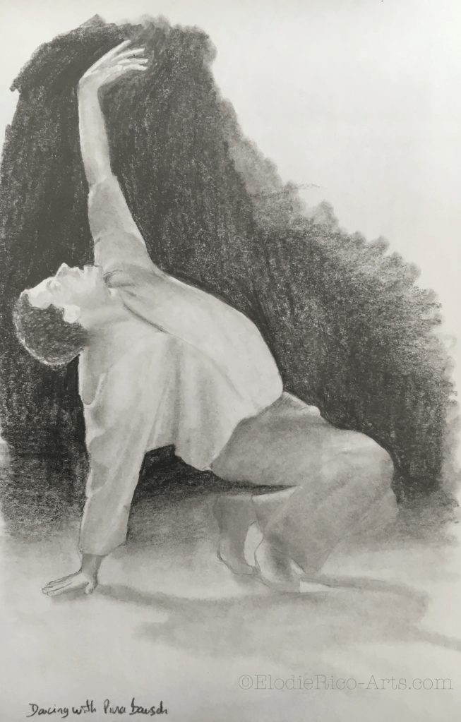 Dessin d'un danseur au sol, le buste incliné et un bras tendu vers le haut.