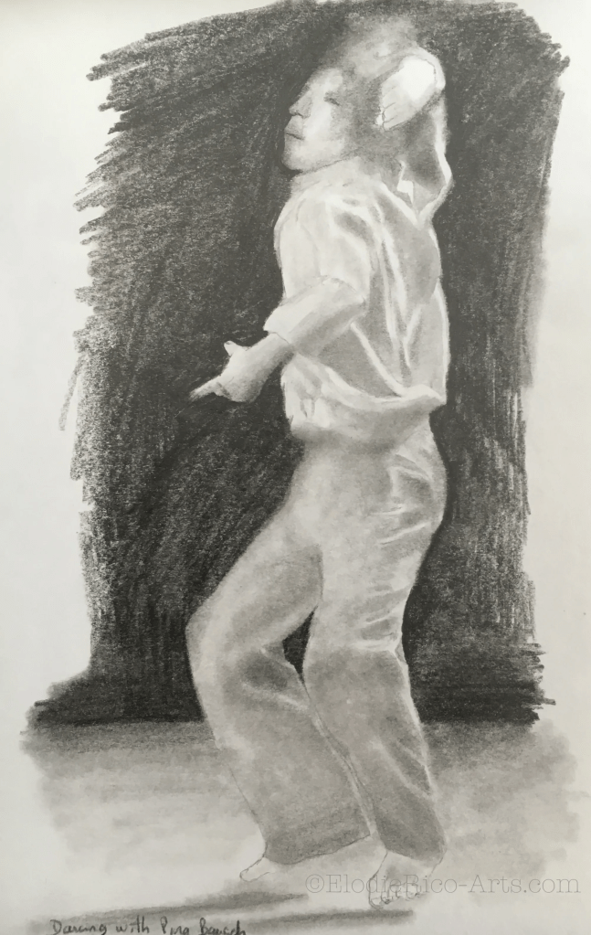 Dessin d'un danseur debout dans une posture expressive, le corps tourné.