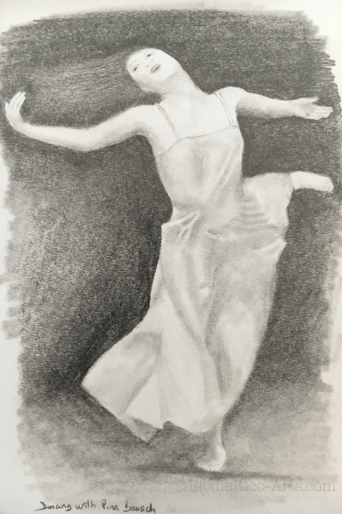 Dessin d'une danseuse en robe, bras ouverts dans un mouvement de rotation.