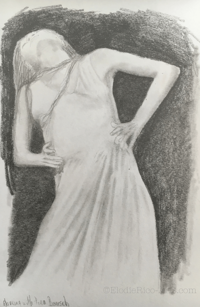 Dessin d'un danseuse en robe dans une posture cambrée, la tête rejetée en arrière.
