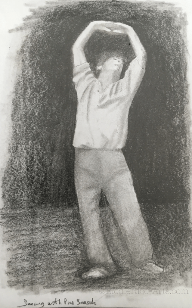 Dessin d'un danseur debout, les bras levés au-dessus de la tête.
