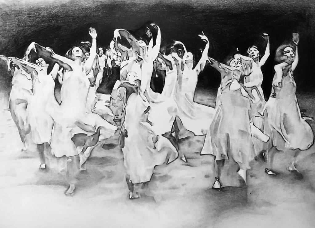 Dessin figuratif d'un groupe de danseurs, corps en mouvement lors d’une danse