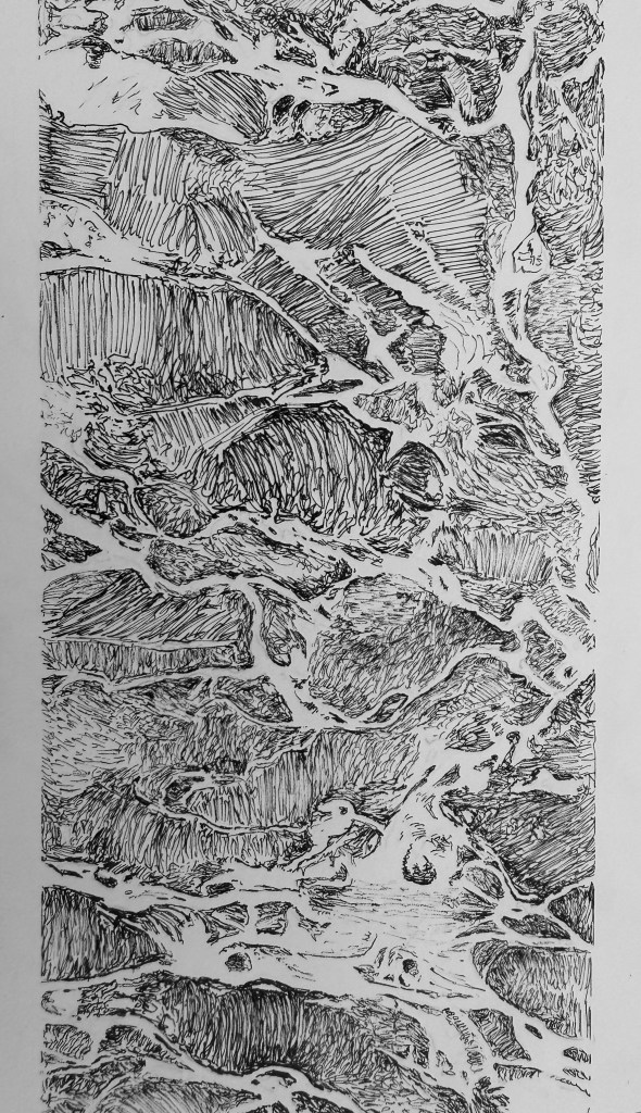 Dessin abstrait composé de lignes courbes et d’empreintes sur papier