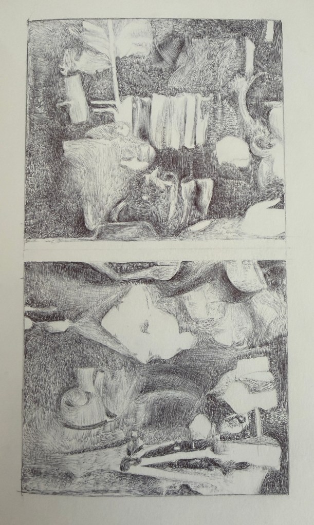 Dessin abstrait aux lignes entrecroisées et effets de matière sur papier